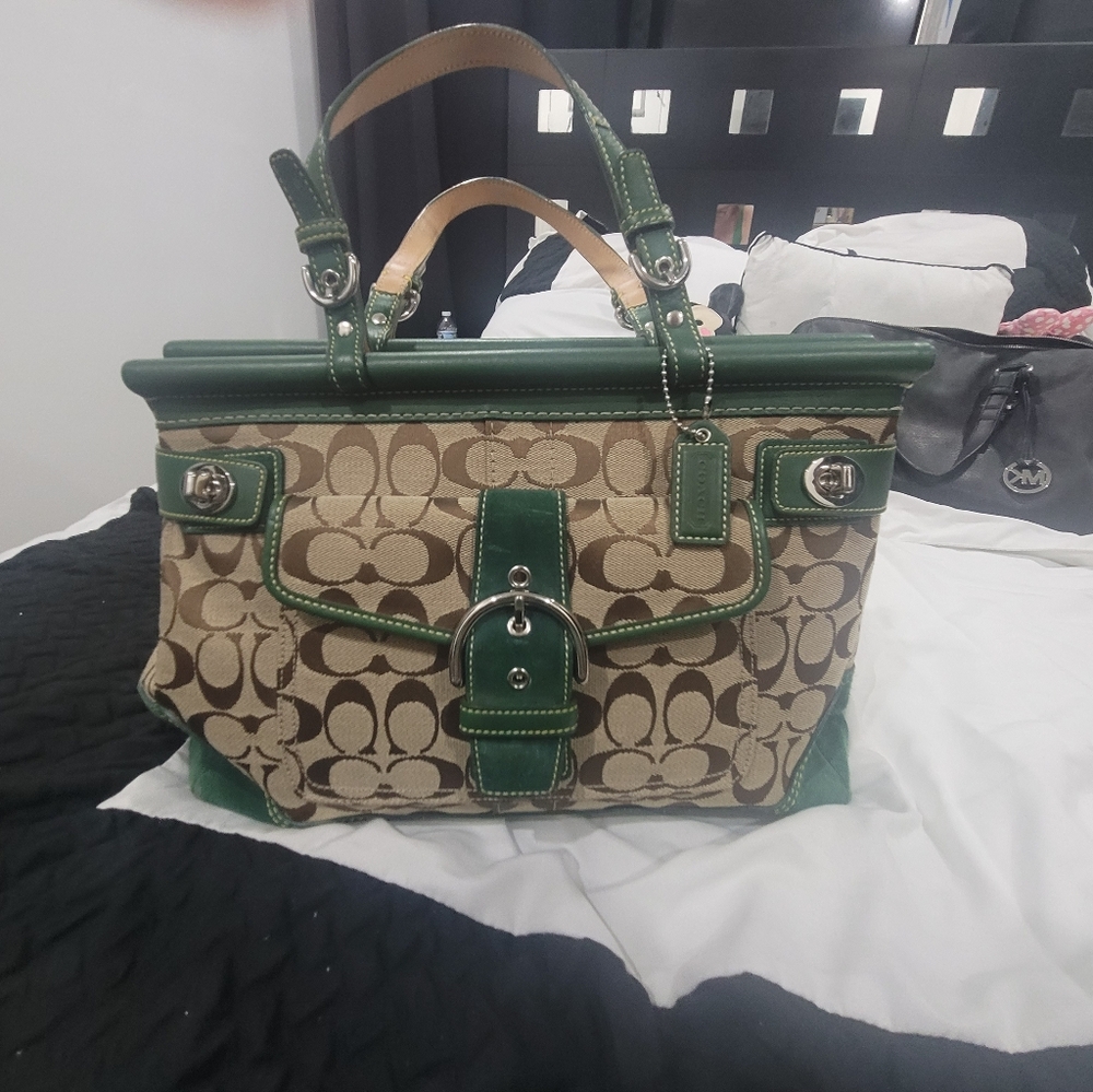Brown and green , coach tote